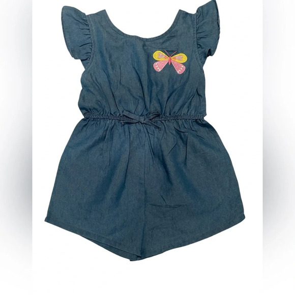 Picapino Girls Blue Chambray Denim Butterfly Romper Size 5 - Picture 1 of 4